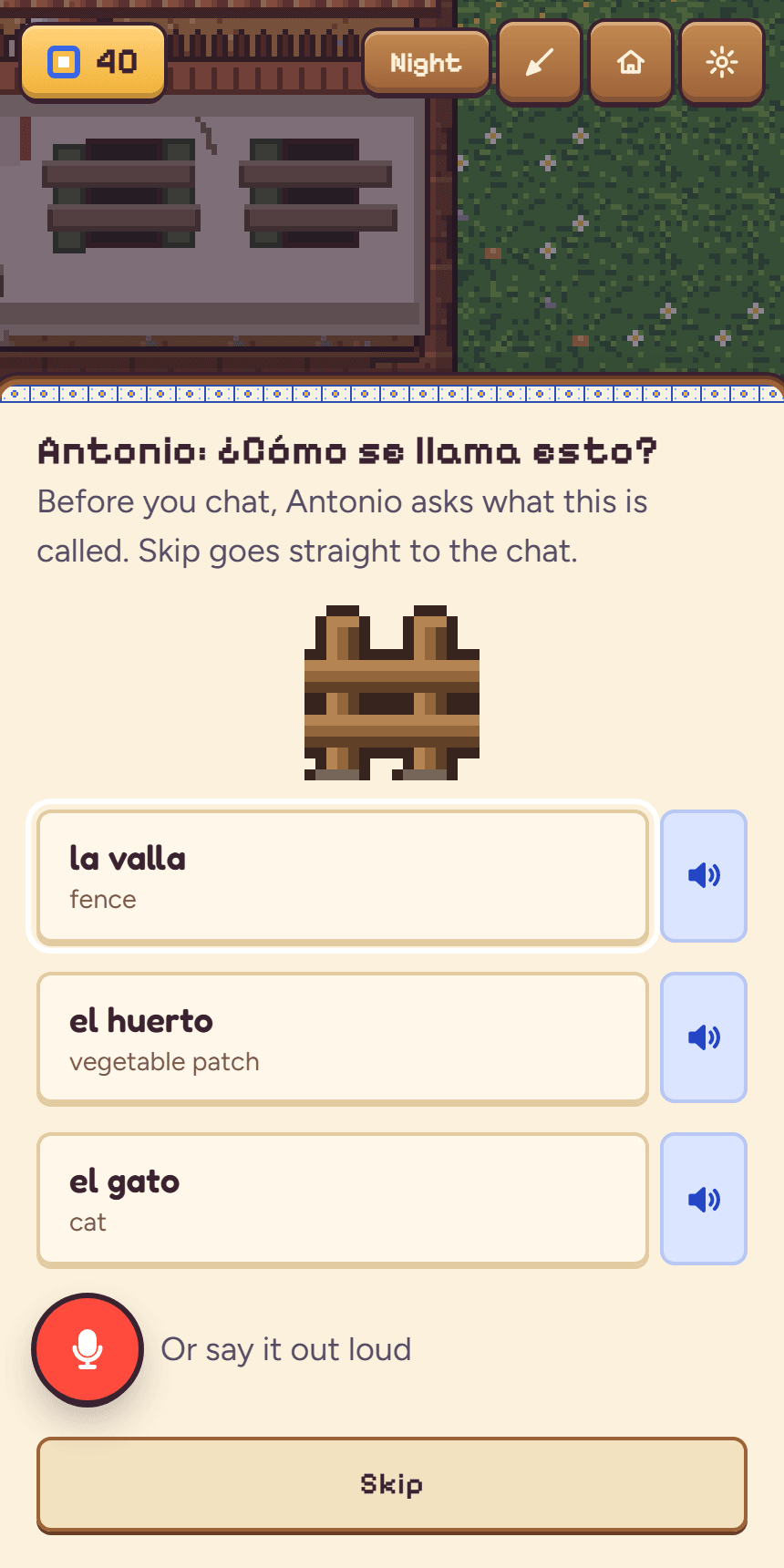 Antonio asks what a fence is called, with three Spanish words to pick from.